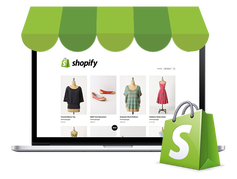 Custom Image of Shopify online eCommerce store with Shopify logo and images of products in background